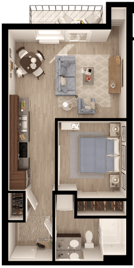 Floor plan for 1 bed, 1 bath, 576 sqft